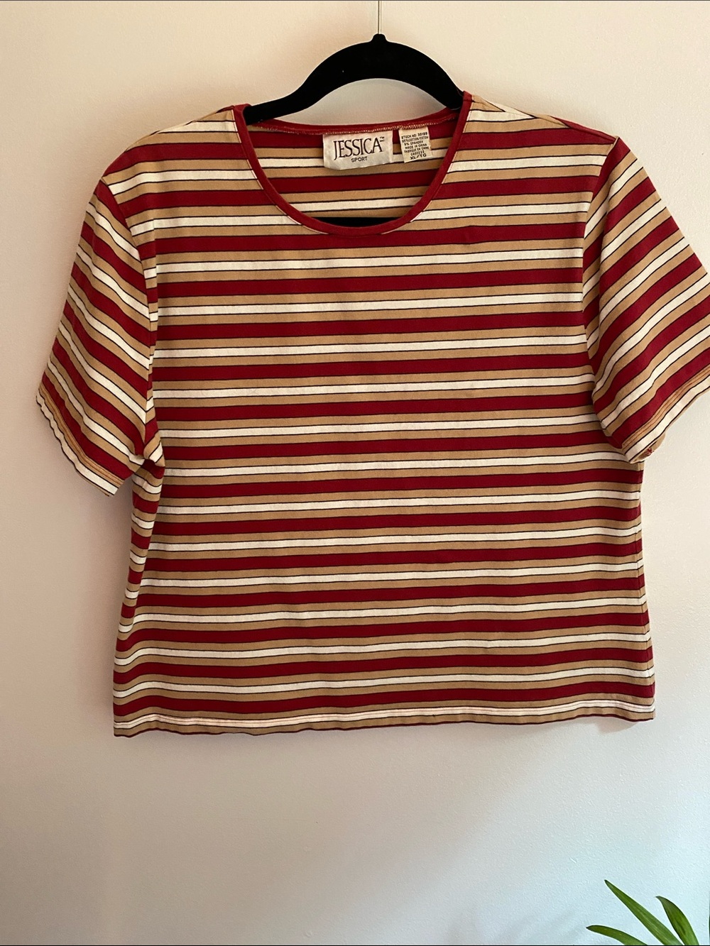 Vintage 90s Jessica Red, Cream and Black Striped Tee. Size XL.